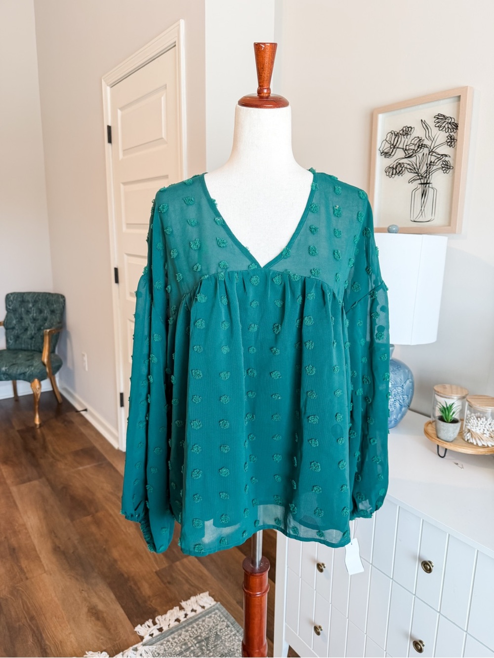 Women's Jade Green V-Neck Swiss Dot Blouse
